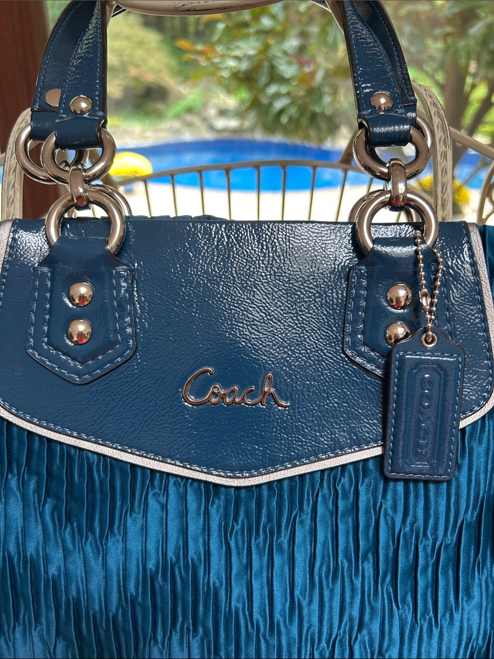 Coach Teal Pleated Shoulder Bag with Silver Trim